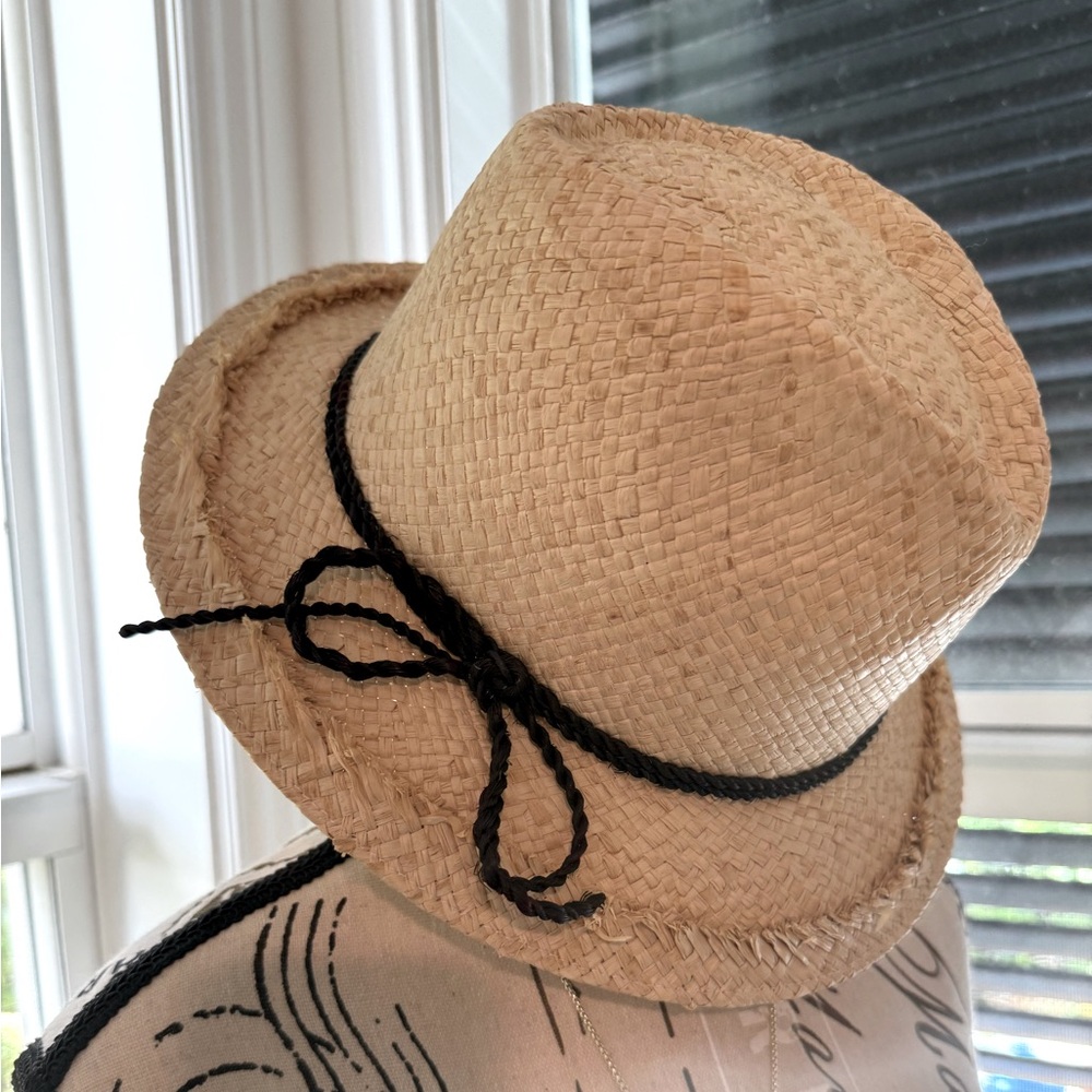 Boston Proper Tan Straw Hat with Black Bow